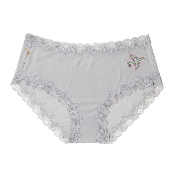 Uwila Warrior Soft Silk Briefs in Alloy with Embroidered Airplane patch on a white background. 