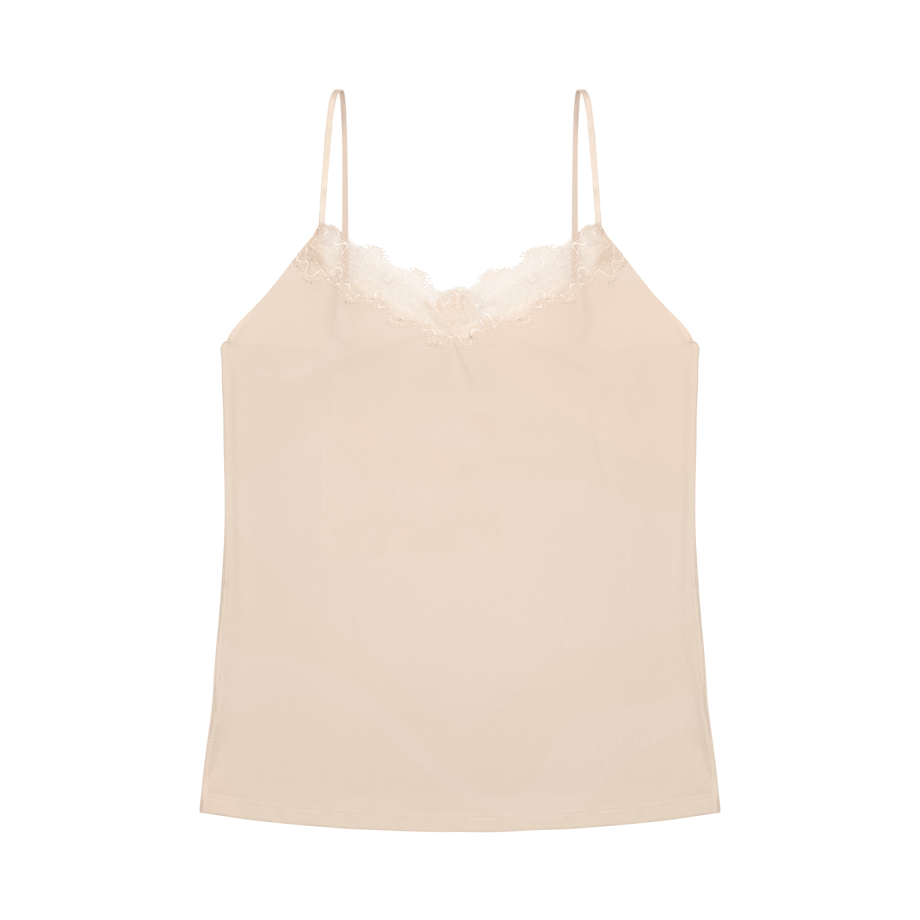 Smoke Grey soft seamless lace-trimmed camisole against a white background.