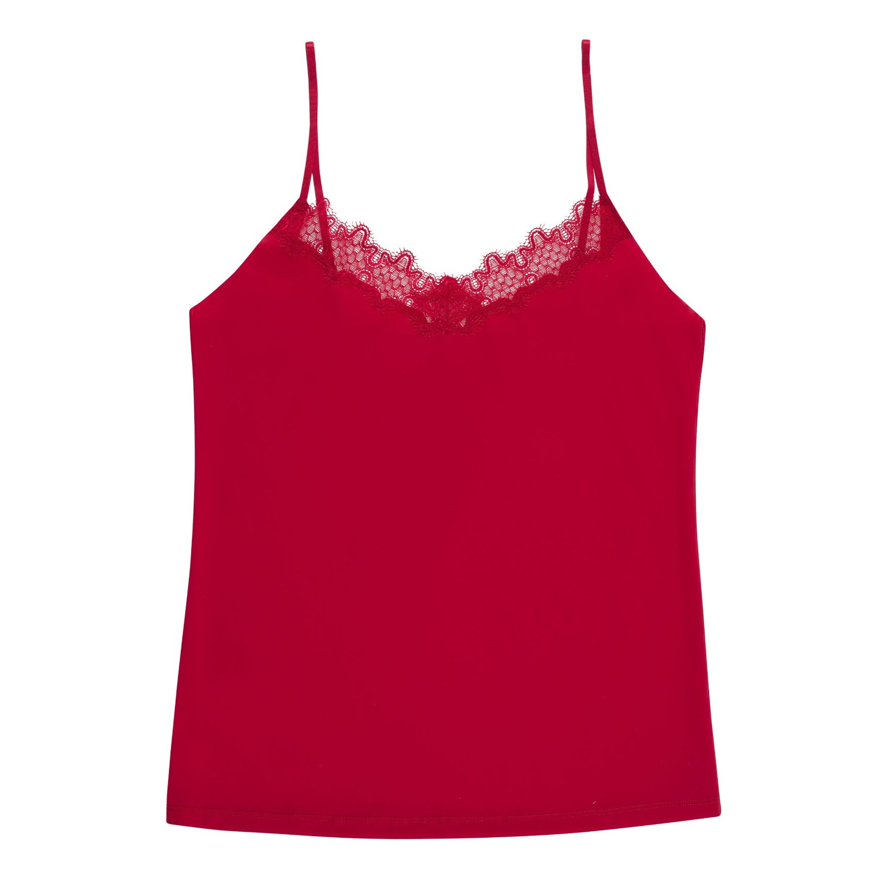 A red soft seamless camisole with delicate lace detail at the neckline, with adjustable straps.