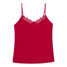 A red soft seamless camisole with delicate lace detail at the neckline, with adjustable straps.