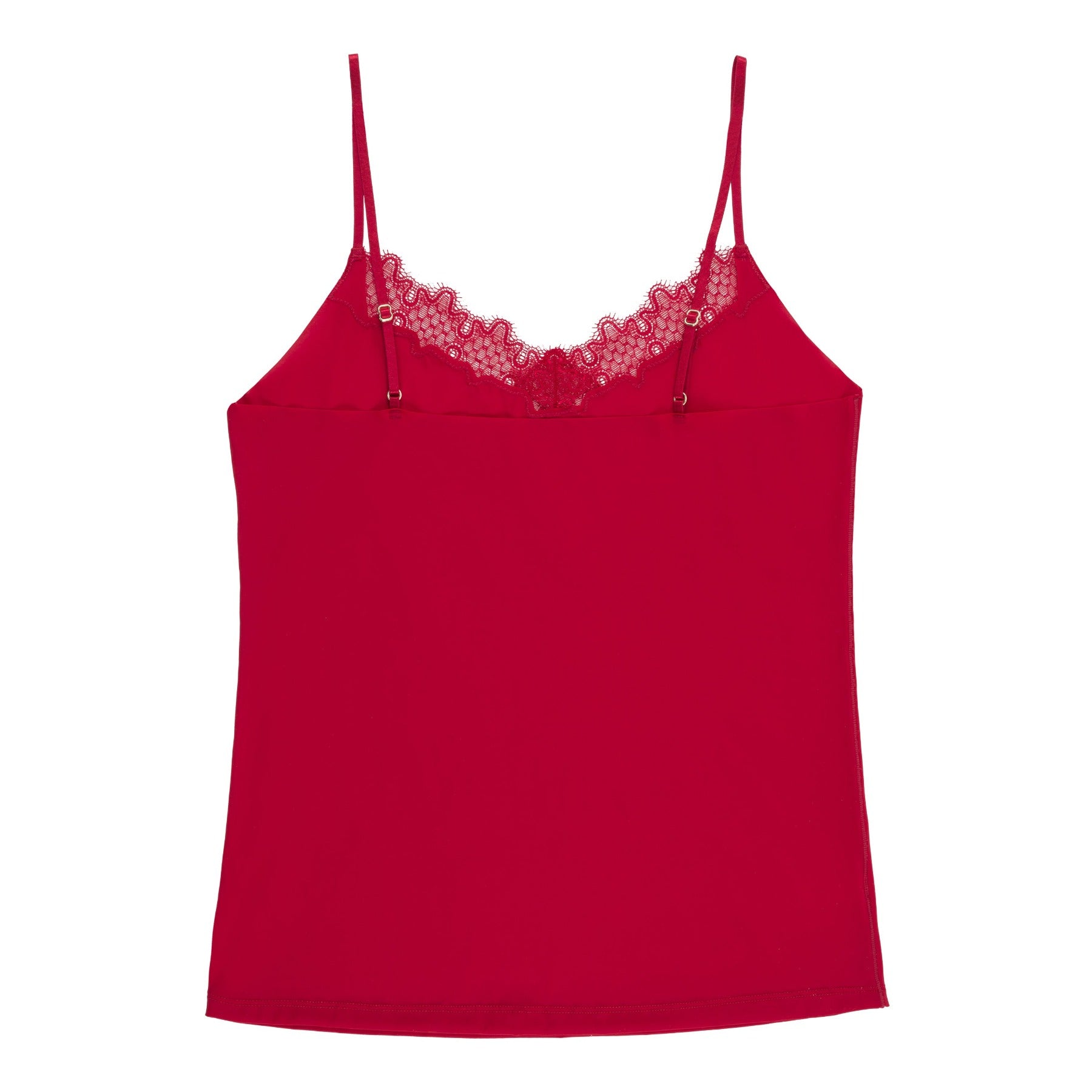 A red soft seamless camisole with delicate lace detail at the neckline, with adjustable straps.