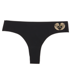 This image features a sleek, black thong with a distinctive metallic gold decal of a zodiac sign on the waistband. The thong is designed with a cotton gusset for superior hygiene and is constructed with thermowelded side seams and removable tags for comfort.