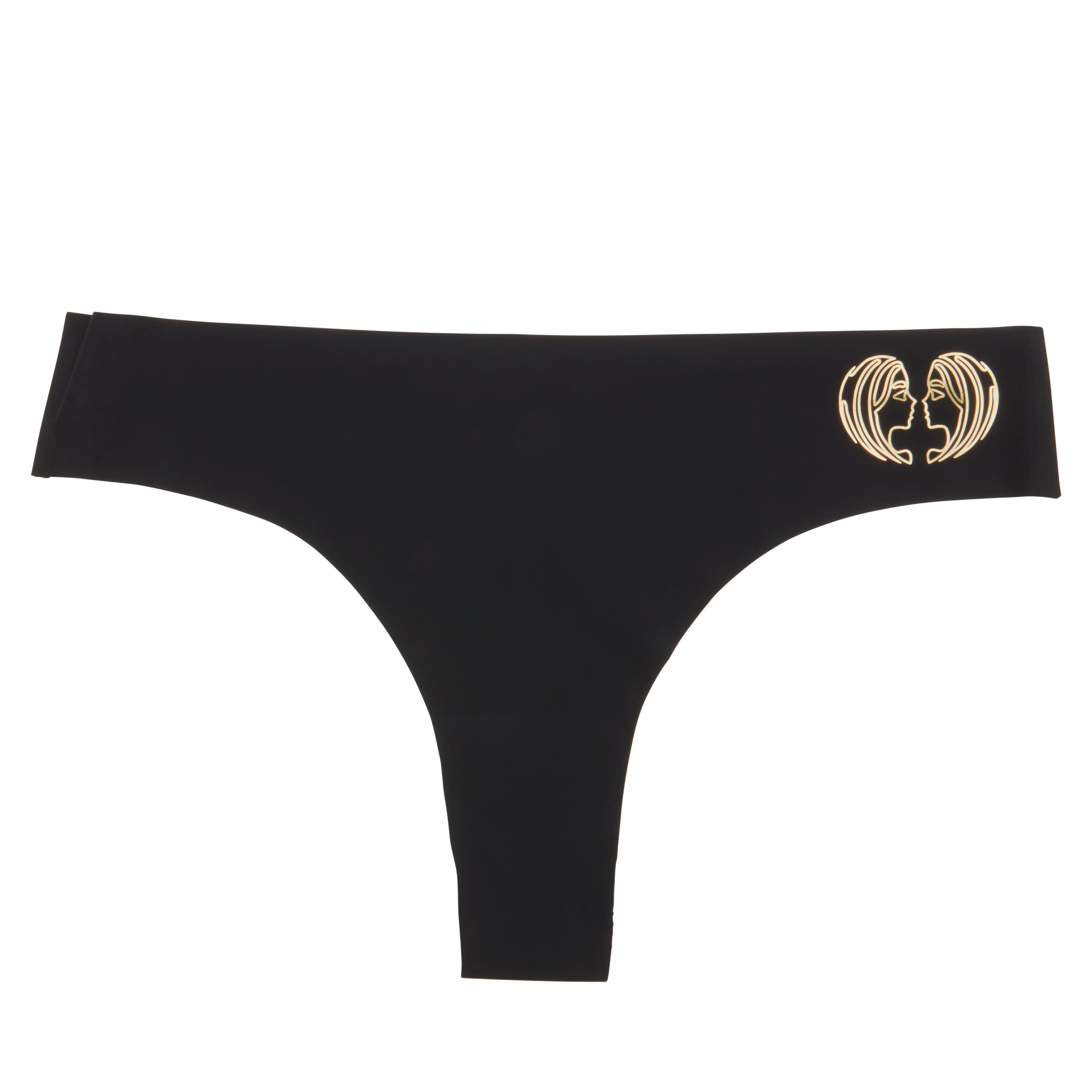This image features a sleek, black thong with a distinctive metallic gold decal of a zodiac sign on the waistband. The thong is designed with a cotton gusset for superior hygiene and is constructed with thermowelded side seams and removable tags for comfort.