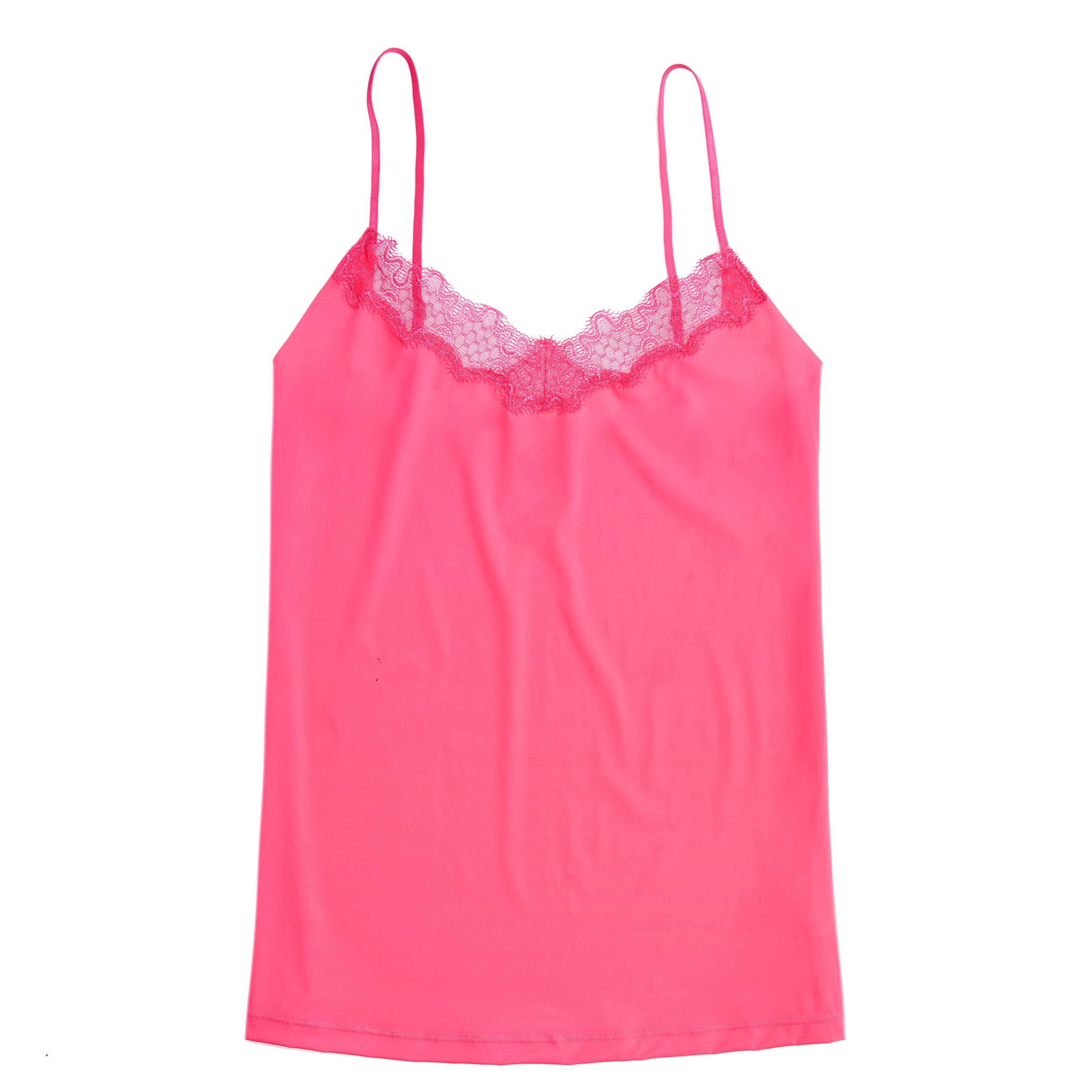 A pink soft seamless camisole with delicate lace detail at the neckline, with adjustable straps.