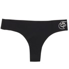 This image features a sleek, black thong with a distinctive metallic gold decal of a zodiac sign on the waistband. The thong is designed with a cotton gusset for superior hygiene and is constructed with thermowelded side seams and removable tags for comfort.