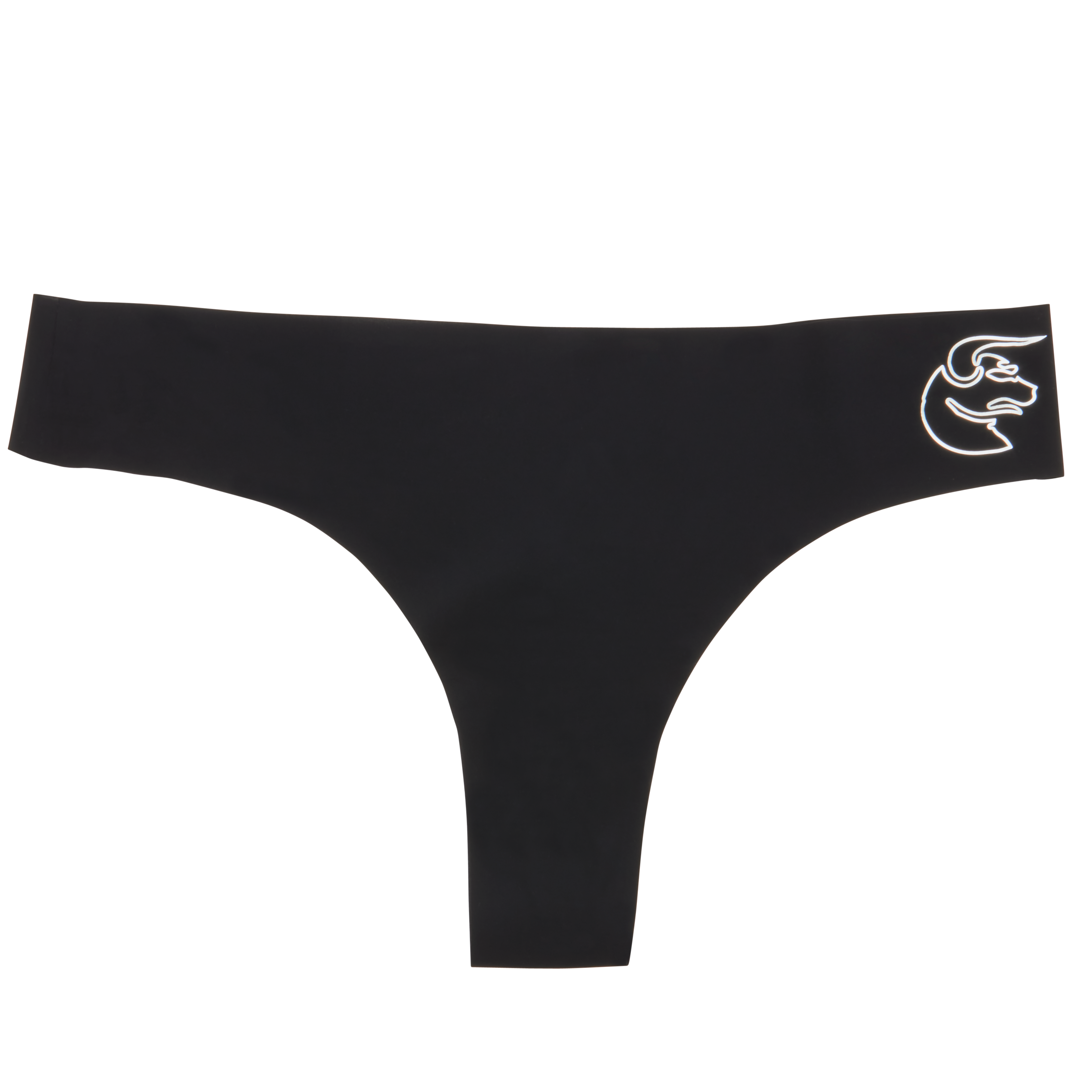 This image features a sleek, black thong with a distinctive metallic gold decal of a zodiac sign on the waistband. The thong is designed with a cotton gusset for superior hygiene and is constructed with thermowelded side seams and removable tags for comfort.