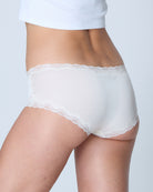 White lace-trimmed underwear on a plain background