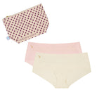 A set of women's underwear briefs in rose quartz and winter white colors with lace details, accompanied by a dotted canvas cosmetics bag.