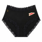 Tap Shoe Black soft silk briefs with scalloped lace trim and a small white and red 'GAMEDAY' patch on the front, shown against a plain white background.