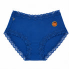 A pair of Estate Blue soft silk briefs with a embroidered basketball patch on the upper right hip, displayed against a solid white background.