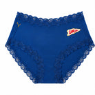Estate Blue soft silk briefs with scalloped lace trim and a small white and red 'GAMEDAY' patch on the front, shown against a plain white background.