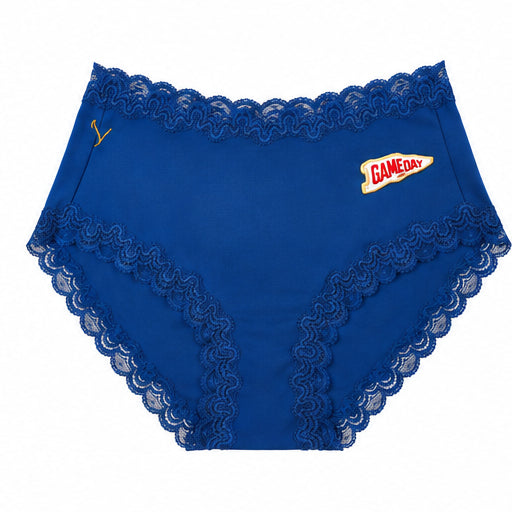 Estate Blue soft silk briefs with scalloped lace trim and a small white and red 'GAMEDAY' patch on the front, shown against a plain white background.