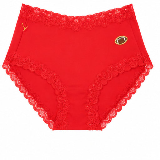 Uwila Warrior Soft Silk Brief in Fiery Red with Embroidered Football patch on white background. 