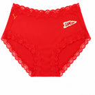 Fiery Red soft silk briefs with scalloped lace trim and a small white and red 'GAMEDAY' patch on the front, shown against a plain white background.