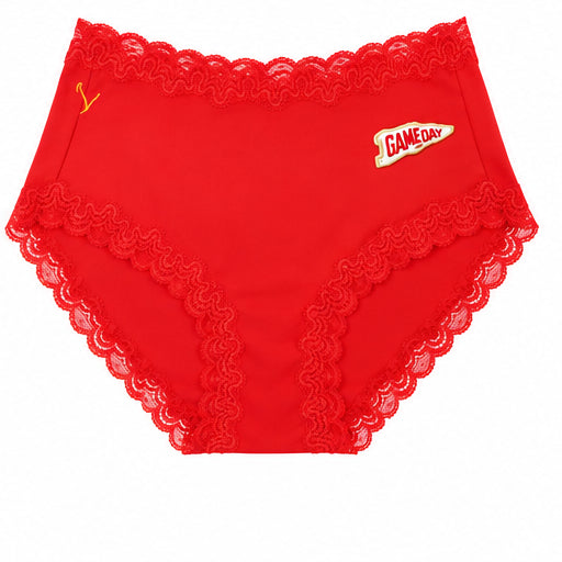 Fiery Red soft silk briefs with scalloped lace trim and a small white and red 'GAMEDAY' patch on the front, shown against a plain white background.