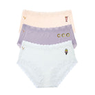 Uwila Warrior Soft Silk Briefs Getaway Bundle featuring Winter White with Ice Cream decal, Nirvana with OOO, and Rose Quartz with tropical drink decal on white background. 