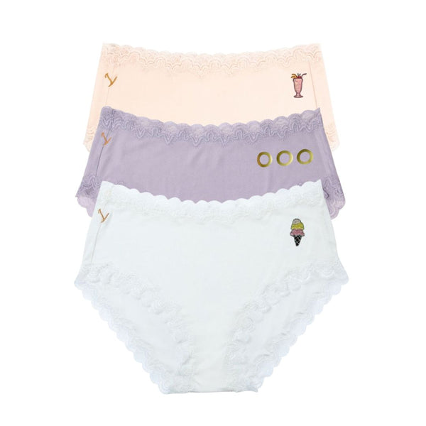 Uwila Warrior Soft Silk Briefs Getaway Bundle featuring Winter White with Ice Cream decal, Nirvana with OOO, and Rose Quartz with tropical drink decal on white background. 