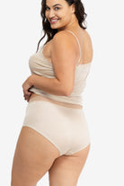 Model Wearing Uwila Warrior HIgh-Waist Silk Briefs Underwear in Smoke Grey on White Background