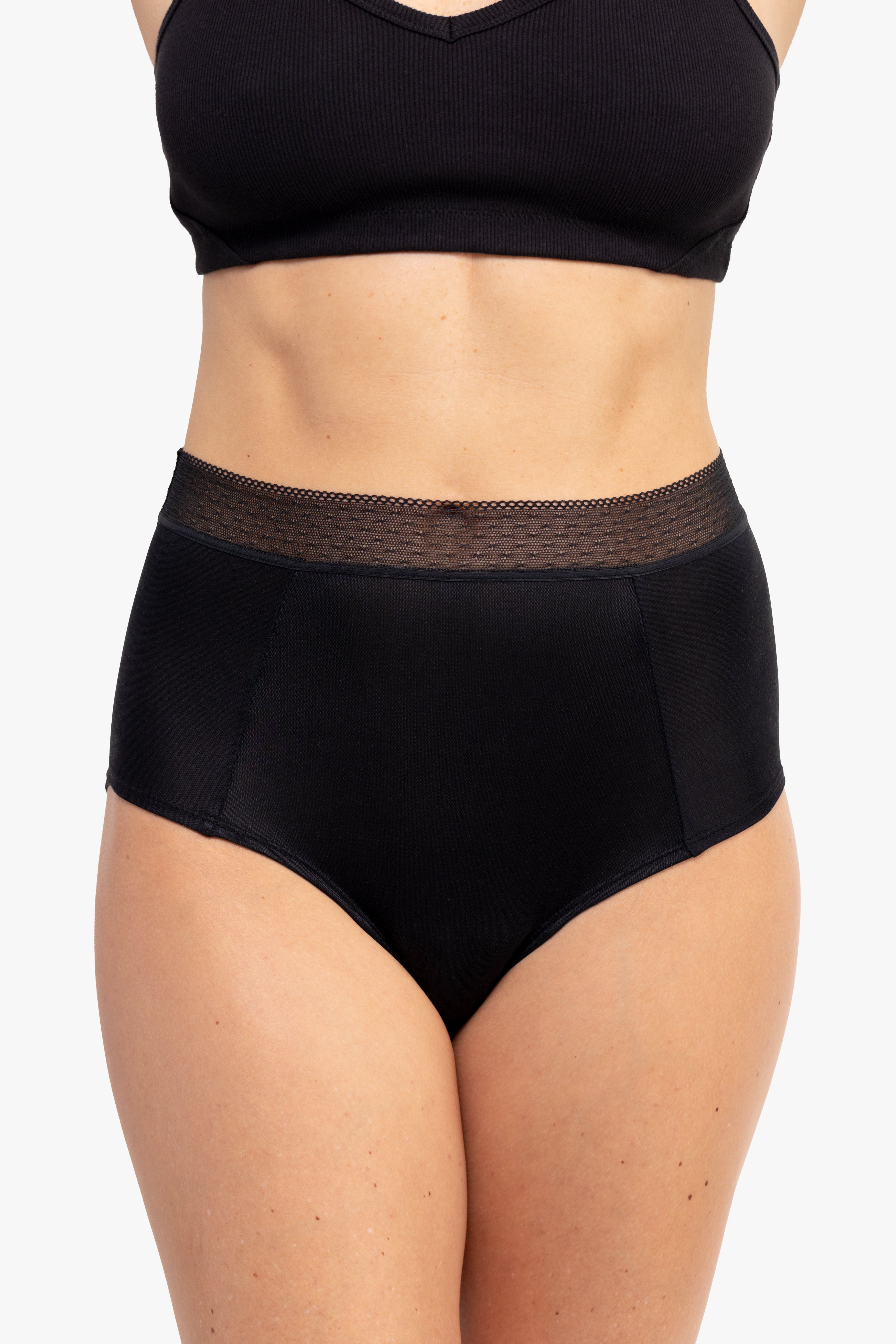 Model Wearing Uwila Warrior HIgh-Waist Silk Briefs Underwear in Tap Shoe Black on White Background