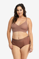 Model Wearing Uwila Warrior HIgh-Waist Silk Briefs Underwear in Toffee on White Background