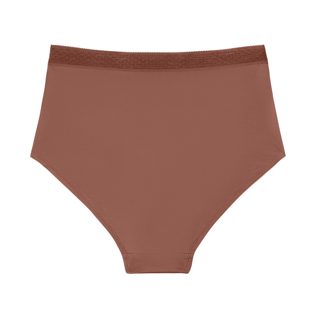 Toffee high-waisted silk brief on a white background.