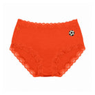 Uwila Warrior Soft Silk Briefs in Spicy Orange with Soccer Ball embroidered patch on white background. 