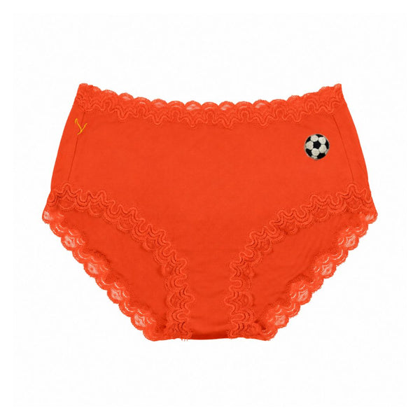 Uwila Warrior Soft Silk Briefs in Spicy Orange with Soccer Ball embroidered patch on white background. 