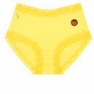 A pair of lemon zest soft silk briefs with a embroidered basketball patch on the upper right hip, displayed against a solid white background.