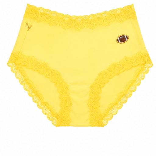 Uwila Warrior Soft Silk Brief in Lemon Zest with Embroidered Football patch on white background. 