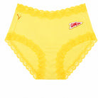 Lemon Zest soft silk briefs with scalloped lace trim and a small white and red 'GAMEDAY' patch on the front, shown against a plain white background.