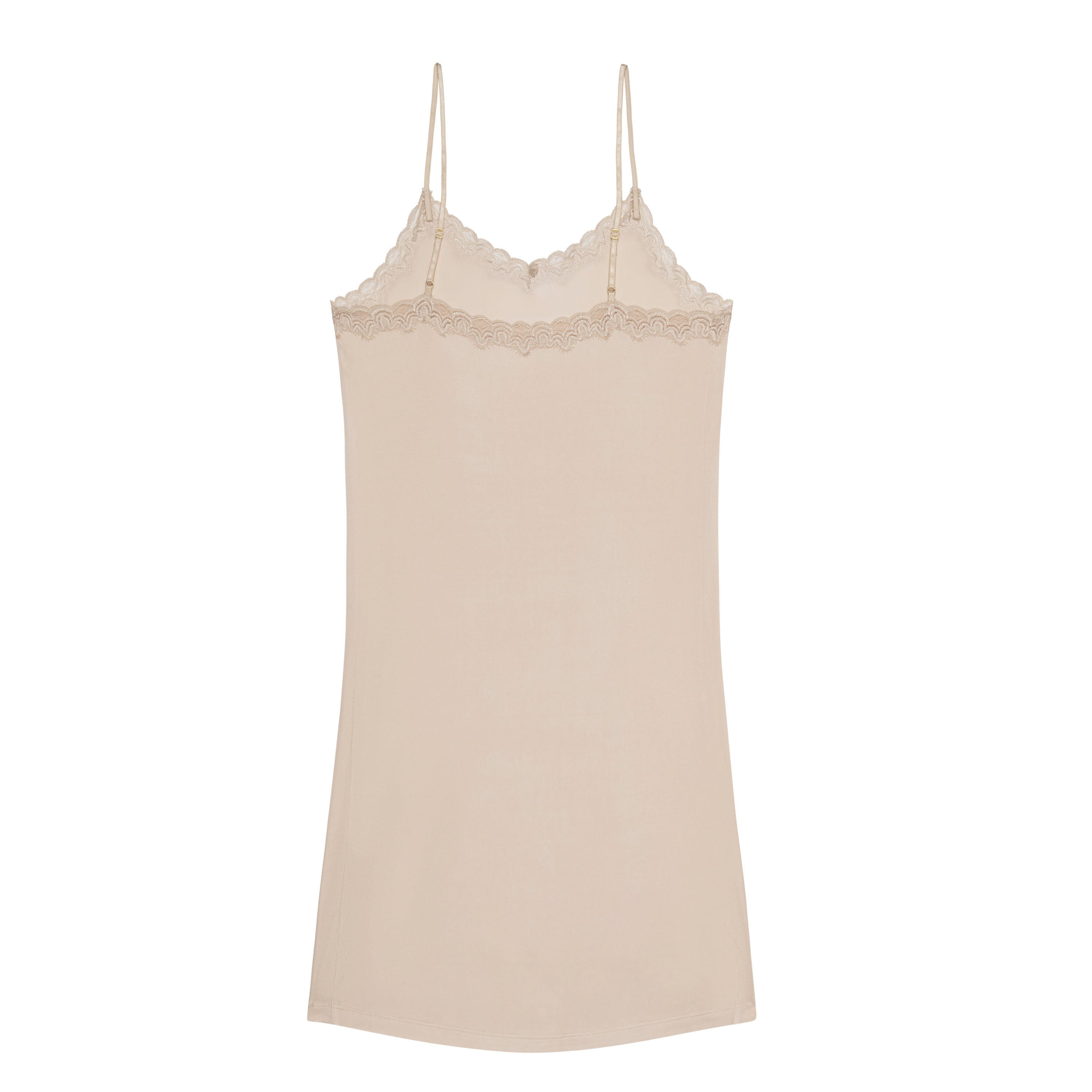 A smoke grey silk blend slip with adjustable spaghetti straps and lace trim at the neckline on white background.