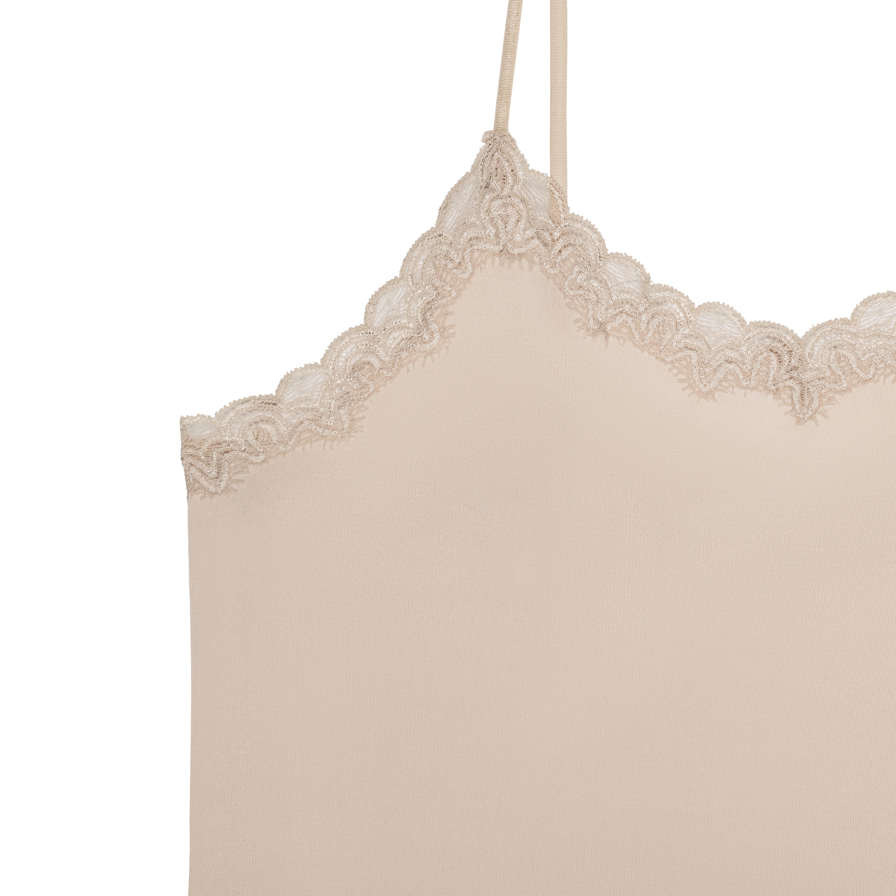 A smoke grey silk blend slip with adjustable spaghetti straps and lace trim at the neckline.