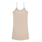 A smoke grey silk blend slip with adjustable spaghetti straps and lace trim at the neckline on white background.