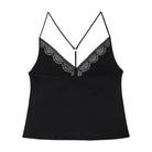 Black silk charmeuse camisole with lace trim on a white background