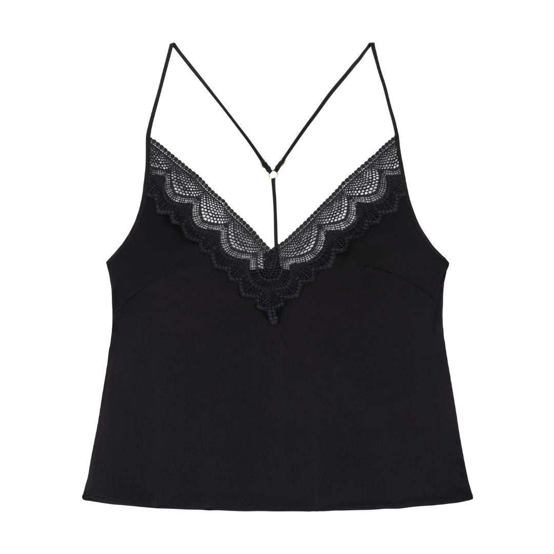 Black silk charmeuse  lace-trimmed camisole on a white background