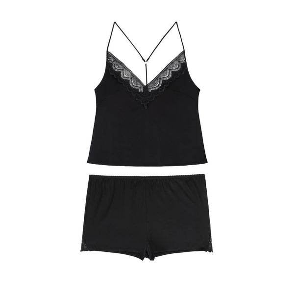 Black lace-trimmed camisole and shorts set on a white background