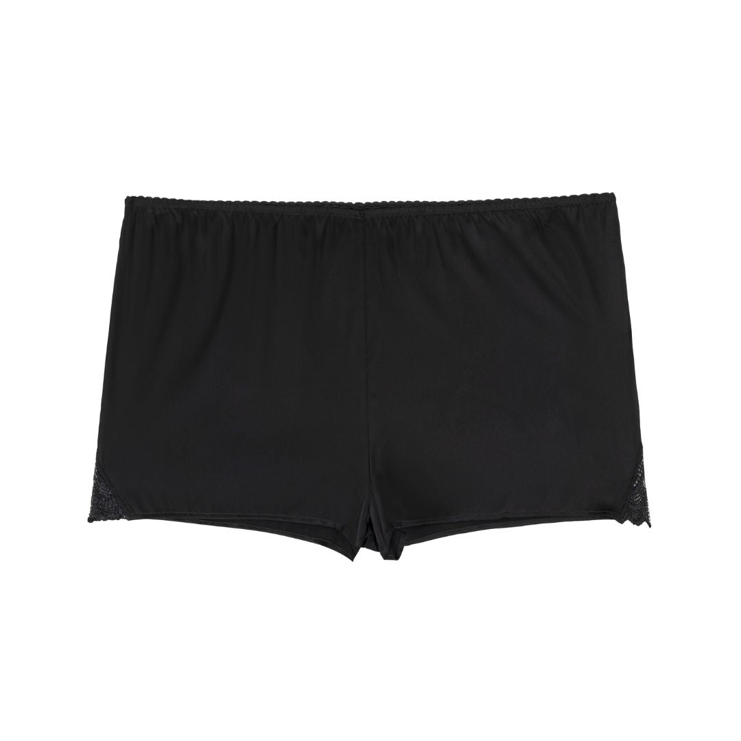 Black silk charmeuse shorts  on a white background