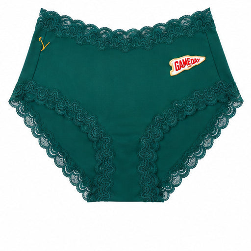 Smoke Pine soft silk briefs with scalloped lace trim and a small white and red 'GAMEDAY' patch on the front, shown against a plain white background.