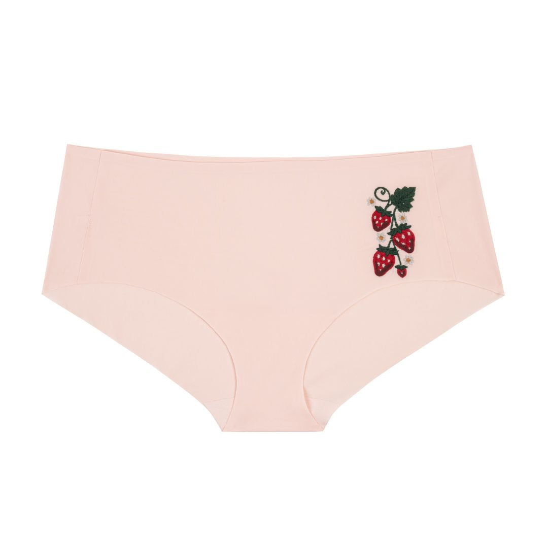Rose Quartz Soft Seamless Brief with Strawberry Embroidery on white background