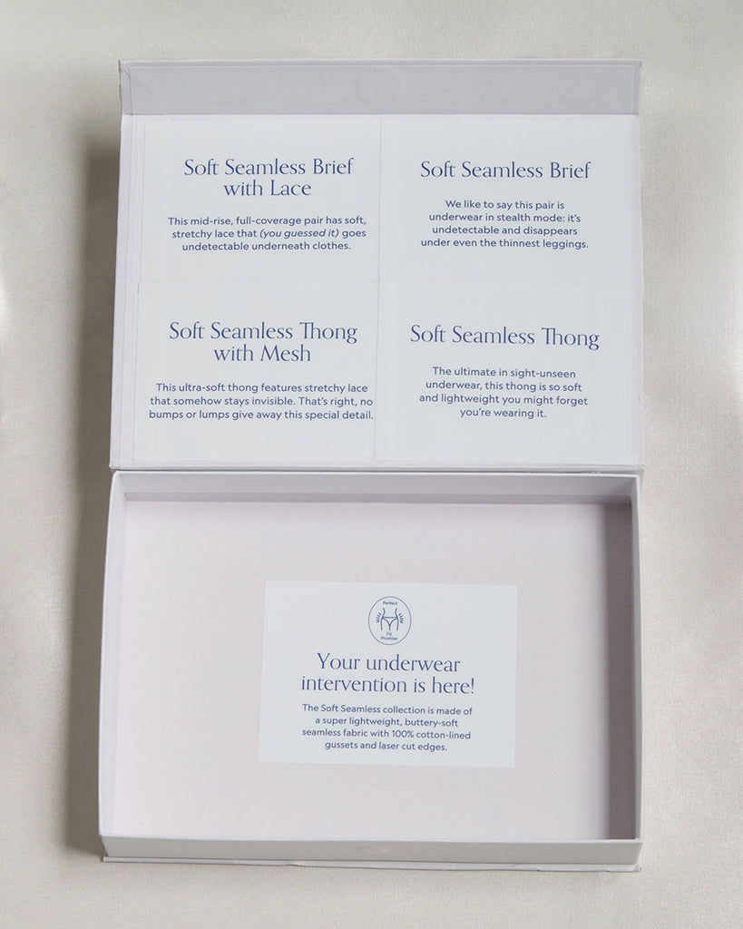 Packaging of soft seamless underwear with text on a light background