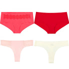 Four pairs of women's underwear in red, pink, and cream on a white background