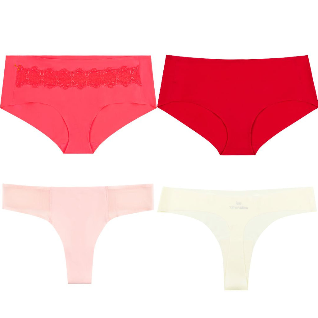 Four pairs of women's underwear in red, pink, and cream on a white background