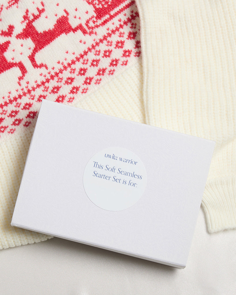 Flay Lay of Soft Seamless gift box on holiday sweater