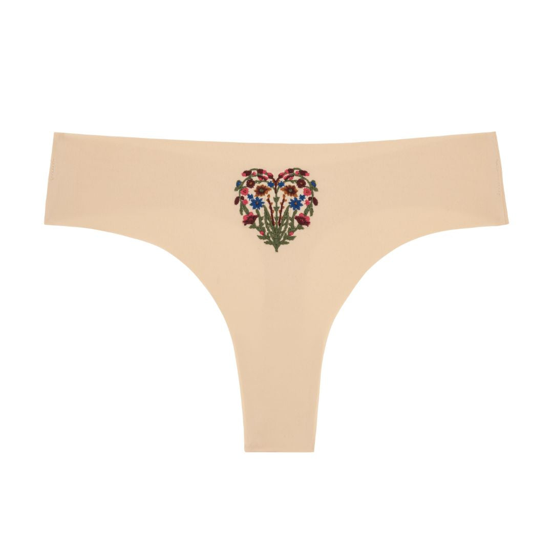 Smoke Grey Soft Seamless Thong with Floral heart embroidery on white background