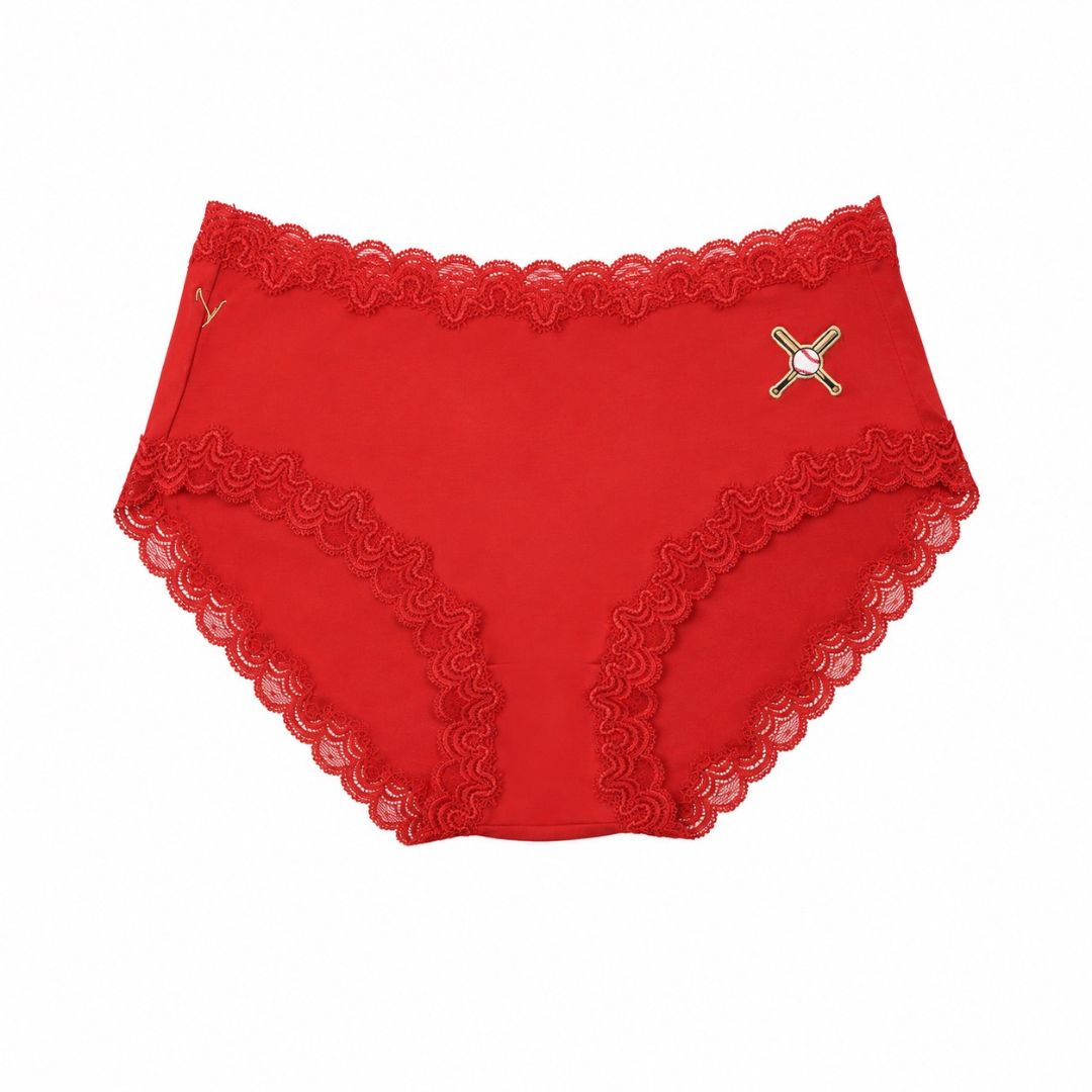 Red soft silk fiery red briefs with scalloped lace trim and a baseball patch. 