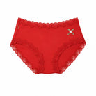 Red soft silk fiery red briefs with scalloped lace trim and a baseball patch. 
