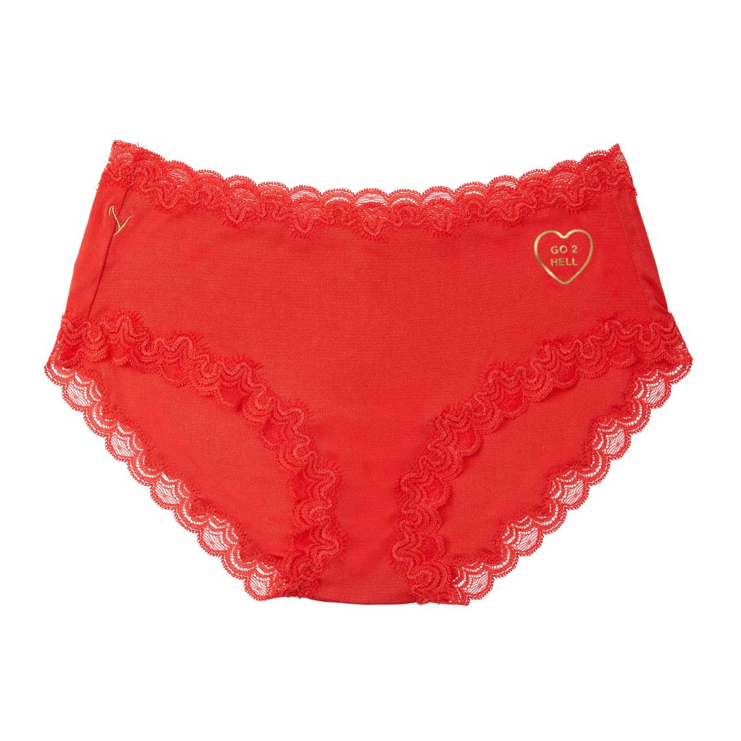 Uwila Warrior Fiery Red Soft Silk Briefs with Lace featuring heart decal on white background