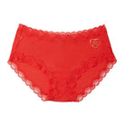 Uwila Warrior Fiery Red Soft Silk Briefs with Lace featuring heart decal on white background
