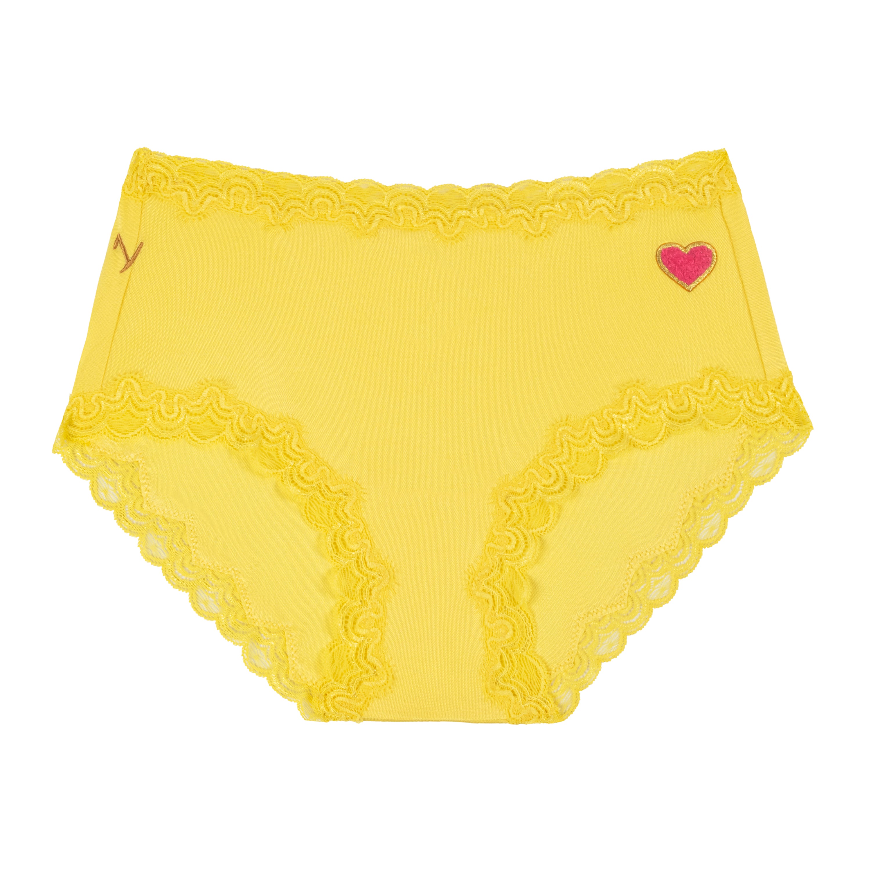 Lemon Zest lace-trimmed underwear with a pink heart on a white background