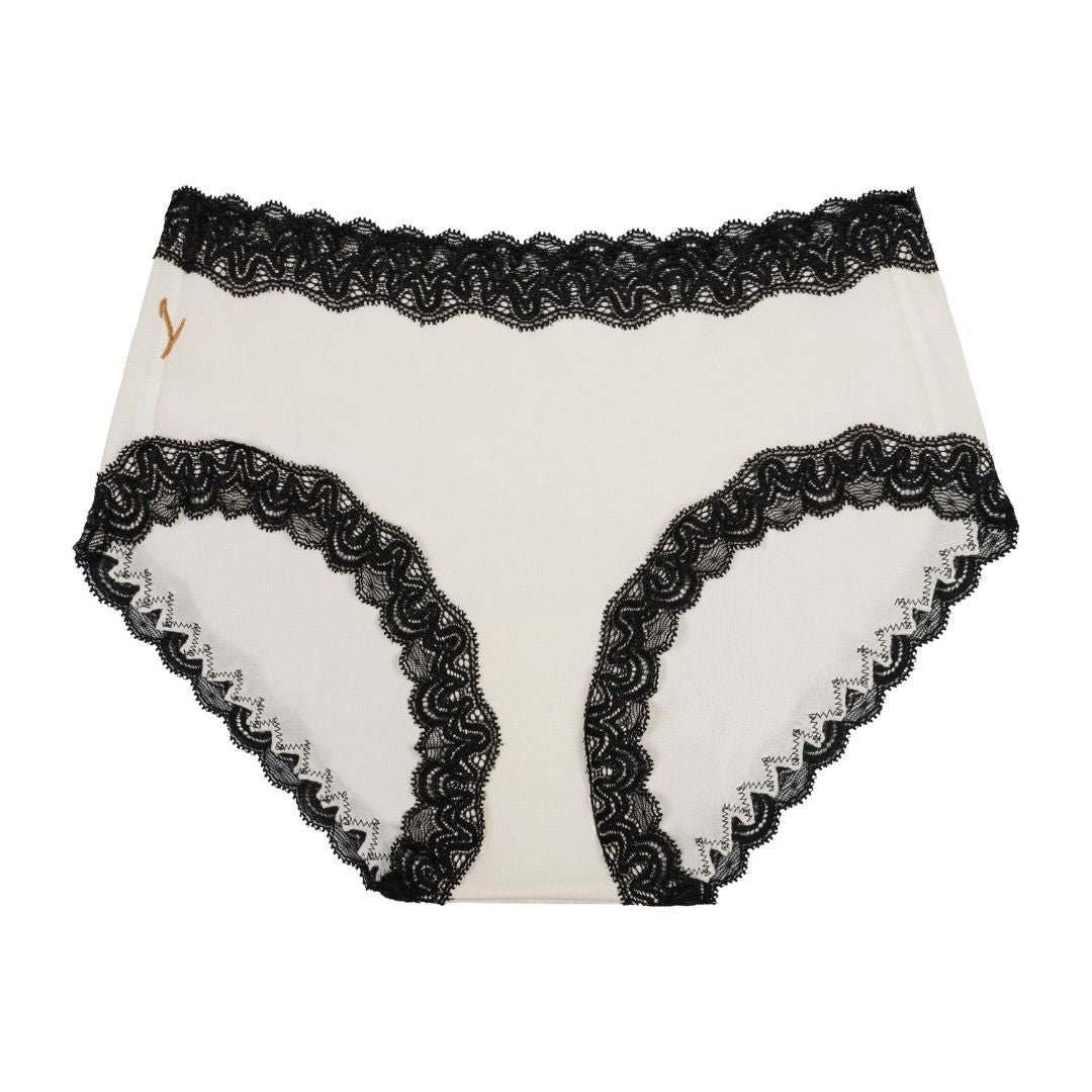 Soft Silk Winter White Brief with contrasting Tap Shoe Black lace on a white background. 